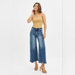 RISEN HR Dark Wash Wide Leg Ankle Jeans Side Panel Seam Step Hem Various NEW